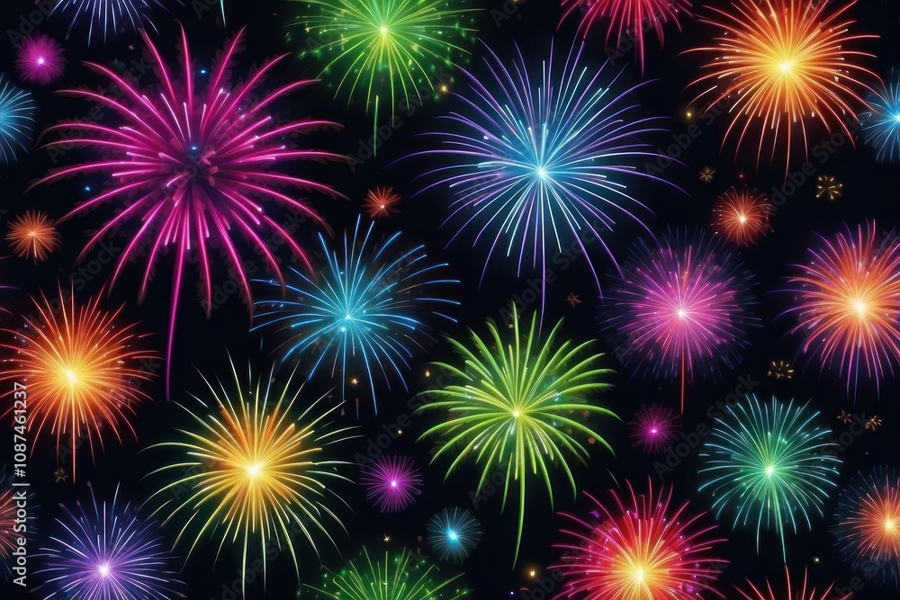 Naklejka premium Colorful fireworks on night sky background. Celebration and holidays concept. Independence Day 4th of July, New Year, festival. Bright explosions of lights in sky. Place for your text.