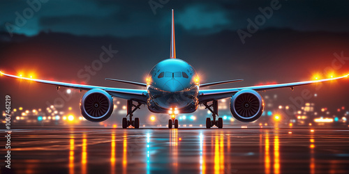 Large passenger aviation aircraft on the airport taxiway preparing for departure under the city evening light.

