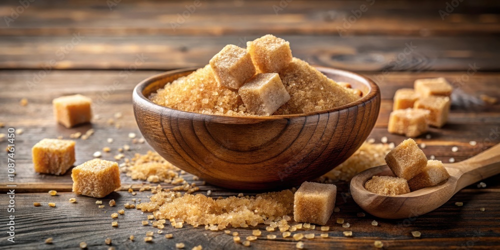 A wooden bowl filled with brown sugar cubes and granules, resting on a rustic wooden surface. A wooden bowl filled with brown sugar cubes and granules, resting on a rustic wooden surface.
