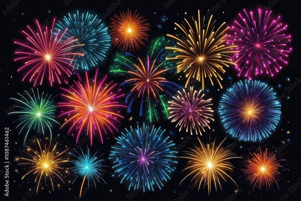 Naklejka premium Colorful fireworks on night sky background. Celebration and holidays concept. Independence Day 4th of July, New Year, festival. Bright explosions of lights in sky. Place for your text.