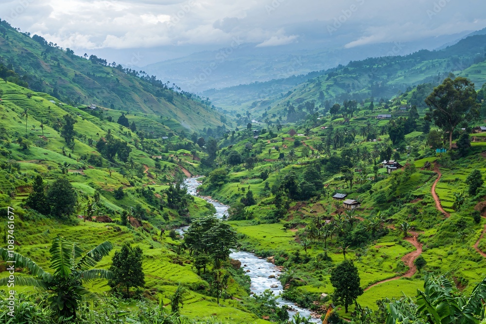Fototapeta premium Scenic Valley View with River Flowing Through Lush Green Landscape