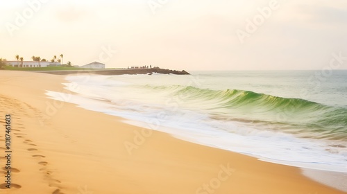 Serene Beach Scene With Rolling Waves And Footprints