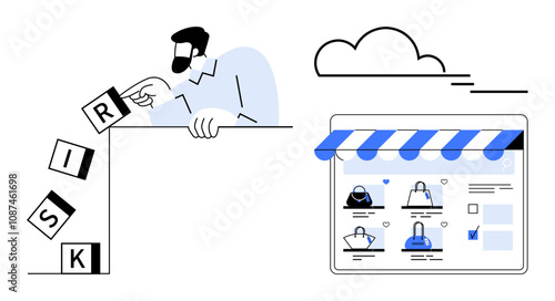 Businessman manipulating blocks spelling RISK beside online store interface with product images. Ideal for business, risk management, e-commerce, online shopping, cloud technology, strategy sessions