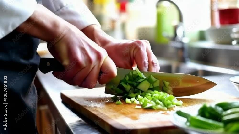 A person is cutting vegetables on a wooden cutting board. The vegetables include green peppers and celery. The person is using a large knife to cut the vegetables A person is cutting vegetables on a wooden cutting board. The vegetables include green peppers and celery. The person is using a large knife to cut the vegetables