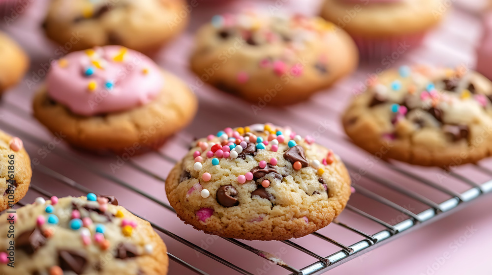 Delicious cookies with colorful sprinkles and icing cooling on a wire rack, perfect for dessert lovers. Delicious cookies with colorful sprinkles and icing cooling on a wire rack, perfect for dessert lovers.