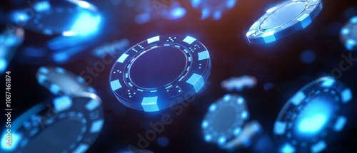 A vibrant display of floating blue casino chips, evoking a sense of excitement and chance in a digital gaming environment.