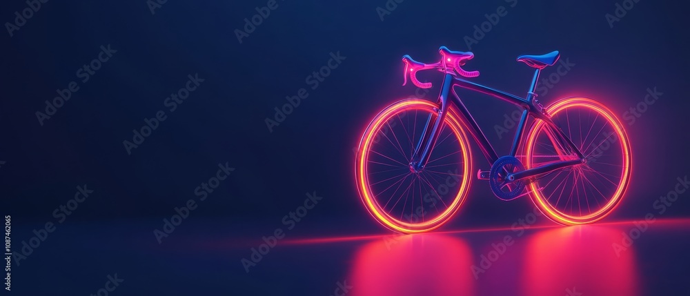 Fototapeta premium A vibrant, neon-lit bicycle with glowing wheels against a dark background, showcasing modern design and artistic flair.