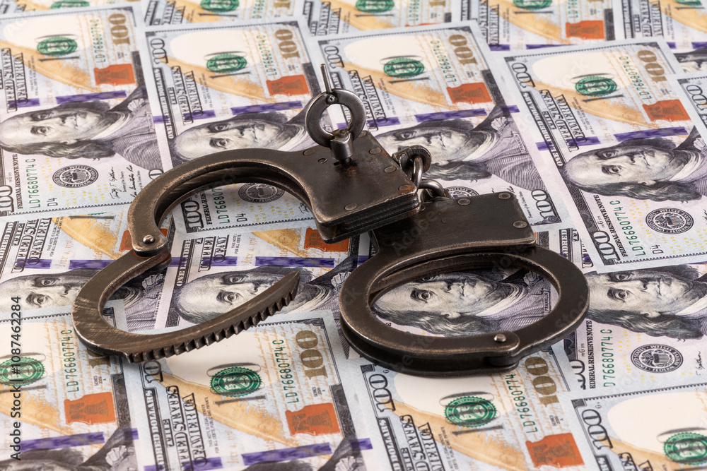 Handcuffs against the background of 100 US dollar bills Handcuffs against the background of 100 US dollar bills