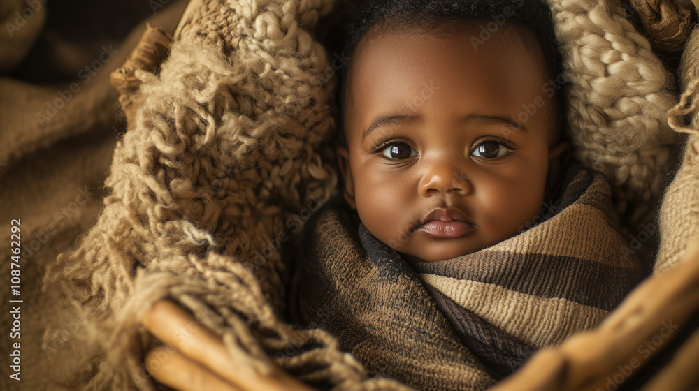 A close-up of an adorable African American baby boy wrapped snugly in a soft, woven blanket with earthy tones of beige, brown, and orange. A close-up of an adorable African American baby boy wrapped snugly in a soft, woven blanket with earthy tones of beige, brown, and orange.