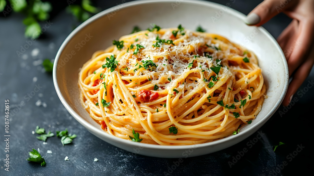 Delicious spaghetti topped with fresh herbs and cheese, served in a stylish bowl for a perfect meal. Delicious spaghetti topped with fresh herbs and cheese, served in a stylish bowl for a perfect meal.