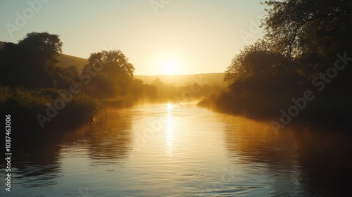 A serene sunrise over a calm river, surrounded by lush trees and gentle mist creating a peaceful morning landscape.