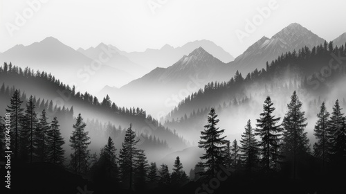 A misty, black and white landscape of a mountain range with pine trees in the foreground.