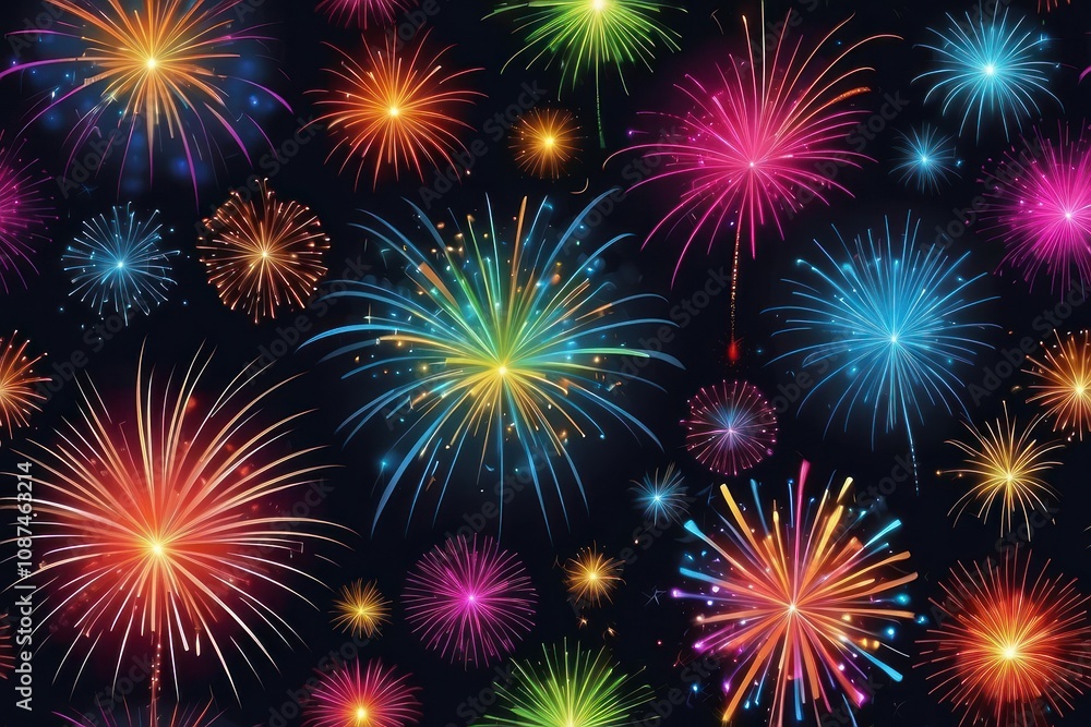 Naklejka premium Colorful fireworks on night sky background. Celebration and holidays concept. Independence Day 4th of July, New Year, festival. Bright explosions of lights in sky. Place for your text.