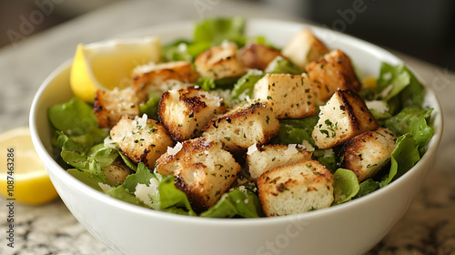 Fresh salad with grilled croutons and lemon, perfect for a light meal or healthy snack.