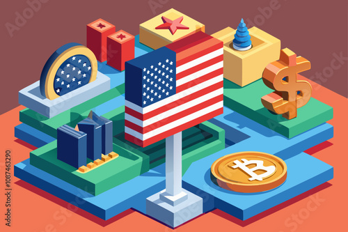 USA flag and Bitcoin. Cryptocurrency