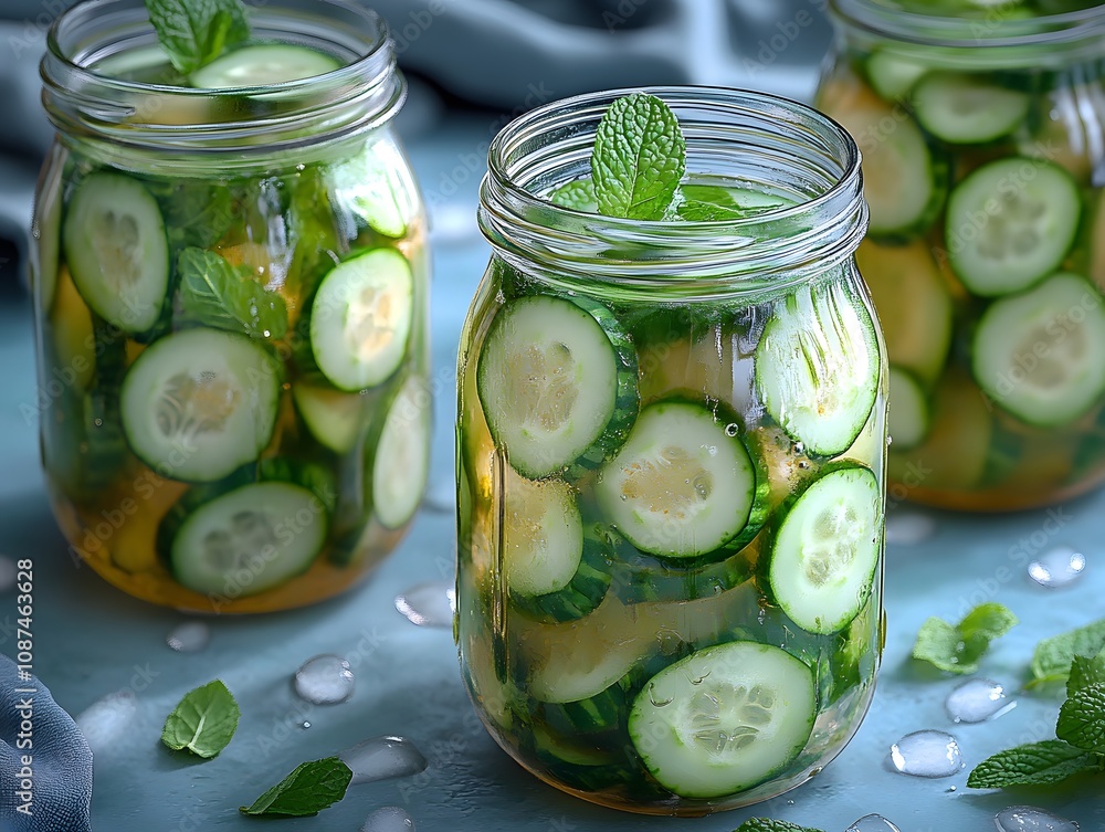Refreshing cucumber and mint infusion in jars, ideal for a cool drink. Refreshing cucumber and mint infusion in jars, ideal for a cool drink.