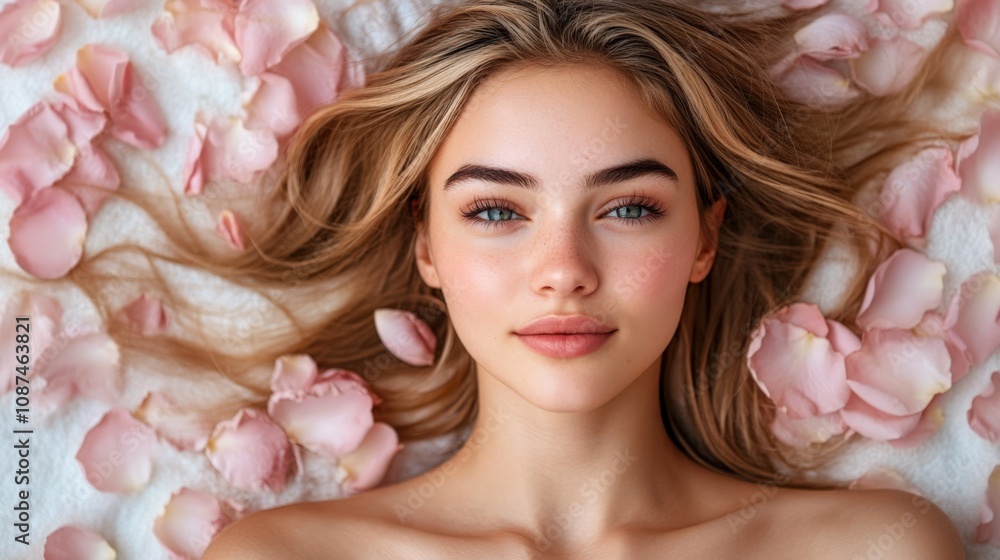 Serene Beauty: Portrait of a Young Woman Surrounded by Flower Petals Serene Beauty: Portrait of a Young Woman Surrounded by Flower Petals