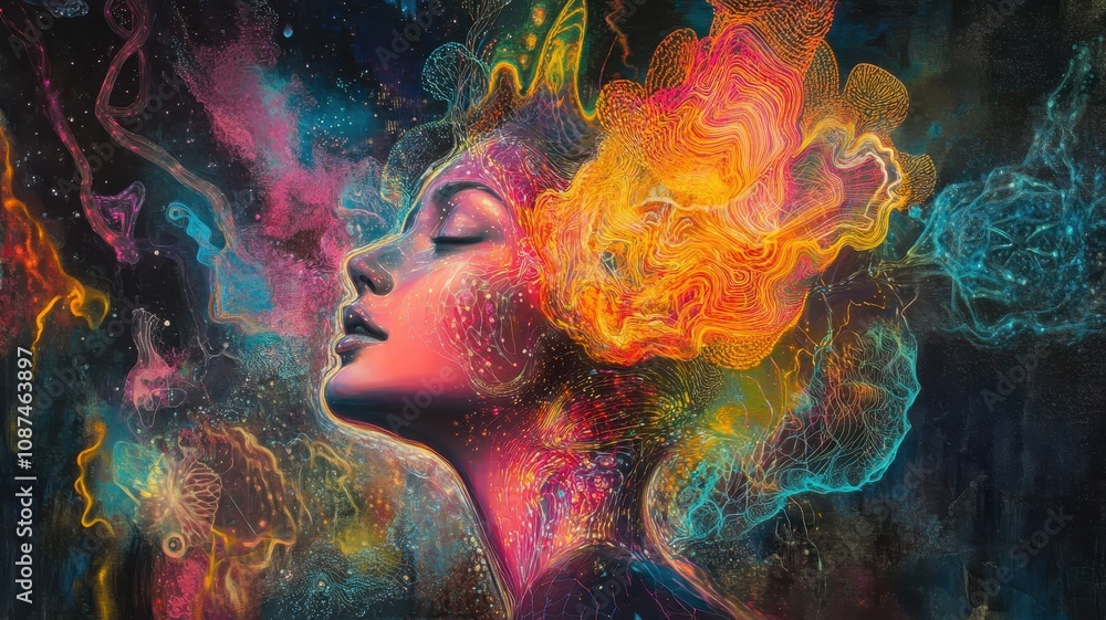 A vibrant, abstract portrait of a woman's face, surrounded by colorful swirling patterns that evoke emotions and creativity. A vibrant, abstract portrait of a woman's face, surrounded by colorful swirling patterns that evoke emotions and creativity.