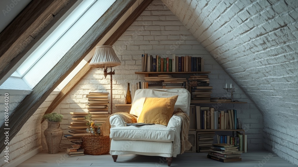 Cozy attic reading nook with a comfortable chair, books, and natural light streaming through the window Cozy attic reading nook with a comfortable chair, books, and natural light streaming through the window
