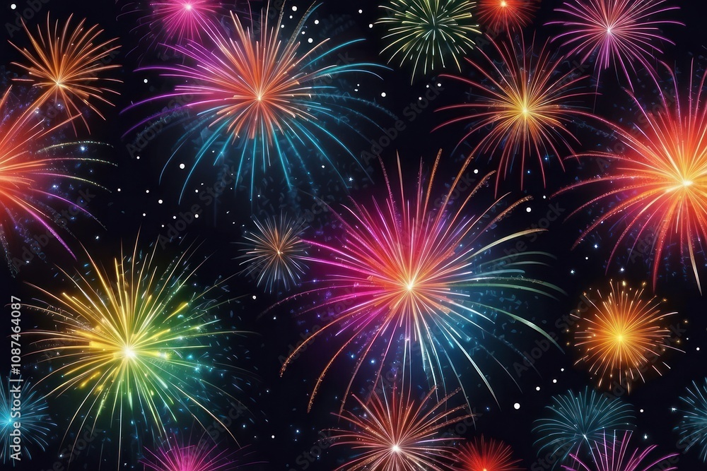 Naklejka premium Colorful fireworks on night sky background. Celebration and holidays concept. Independence Day 4th of July, New Year, festival. Bright explosions of lights in sky. Place for your text.