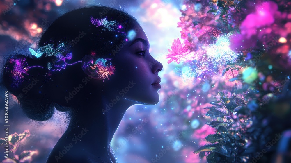 A mystical portrait of a woman surrounded by vibrant, colorful flora, evoking a dreamlike atmosphere filled with light and ethereal beauty. A mystical portrait of a woman surrounded by vibrant, colorful flora, evoking a dreamlike atmosphere filled with light and ethereal beauty.