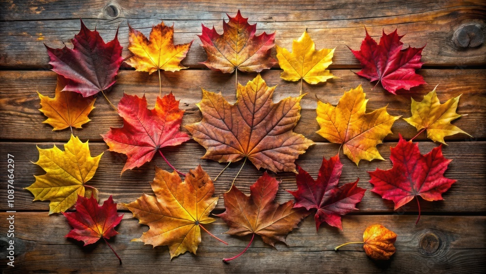 Fototapeta premium A collection of vibrant autumn leaves in shades of red, orange, and yellow, arranged on a rustic wooden surface, showcasing the beauty of nature's seasonal transformation.