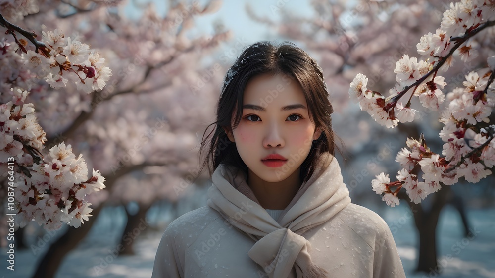 Peaceful Winter Landscape: Cherry Blossom Pathway Peaceful Winter Landscape: Cherry Blossom Pathway