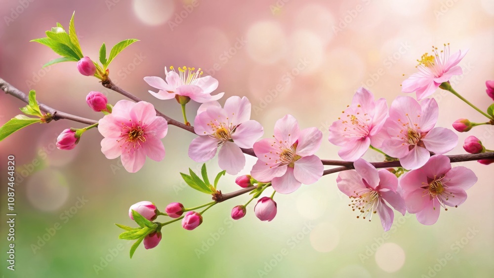 Fototapeta premium Delicate Pink Blossoms Gracefully Adorn a Branch, Embracing the Soft Glow of a Spring Morning