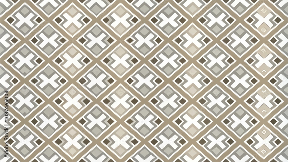 Abstract Geometric Pattern with Diagonal Squares and Crosses in Beige and Gray Tones Abstract Geometric Pattern with Diagonal Squares and Crosses in Beige and Gray Tones