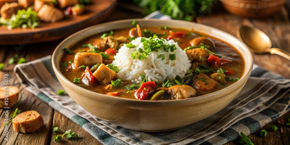A steaming bowl of savory chicken and vegetable stew served with a side of fluffy white rice A steaming bowl of savory chicken and vegetable stew served with a side of fluffy white rice