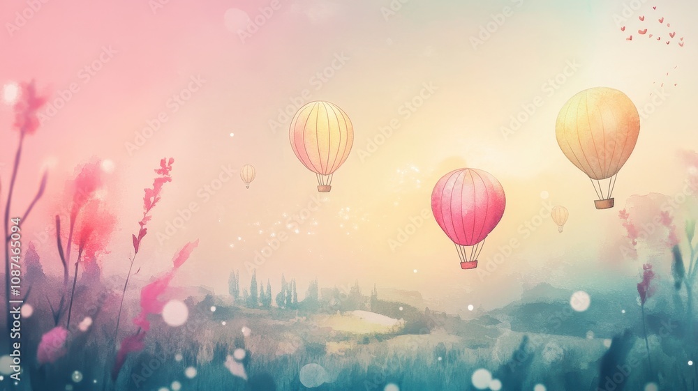 Obraz premium Colorful hot air balloons float in a dreamy pastel sky, surrounded by soft flowers and a serene landscape.
