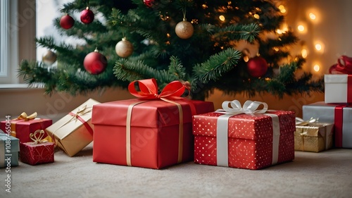 Festive Wrapped Gifts Beneath a Candlelit Christmas Tree