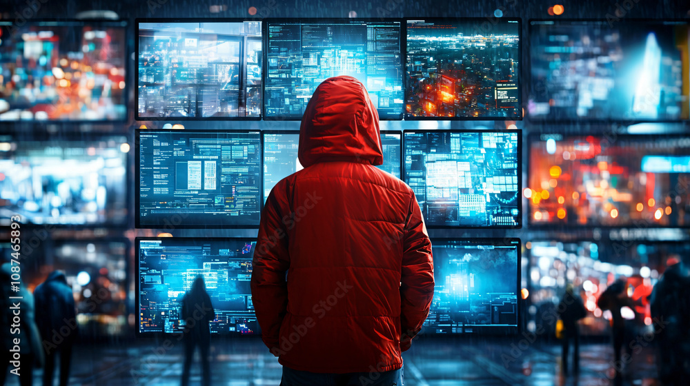 person in red jacket observes multiple screens displaying data and cityscapes person in red jacket observes multiple screens displaying data and cityscapes