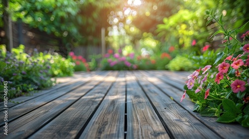 A wooden deck in a garden with pink and purple flowers and green foliage in the background.