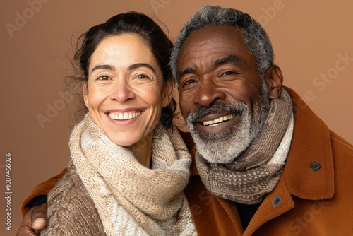 Portrait of a merry multicultural couple in their 40s showing off a lightweight base layer while standing against pastel brown background photo