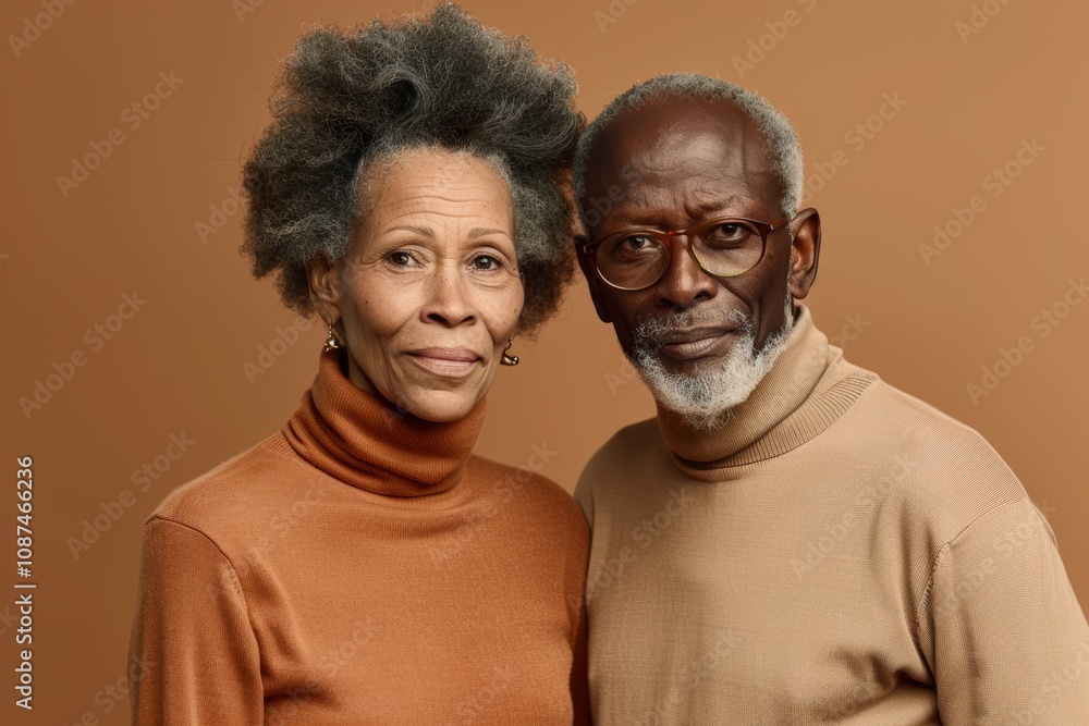 Portrait of a tender multiethnic couple in their 70s wearing a classic turtleneck sweater isolated in pastel brown background Portrait of a tender multiethnic couple in their 70s wearing a classic turtleneck sweater isolated in pastel brown background