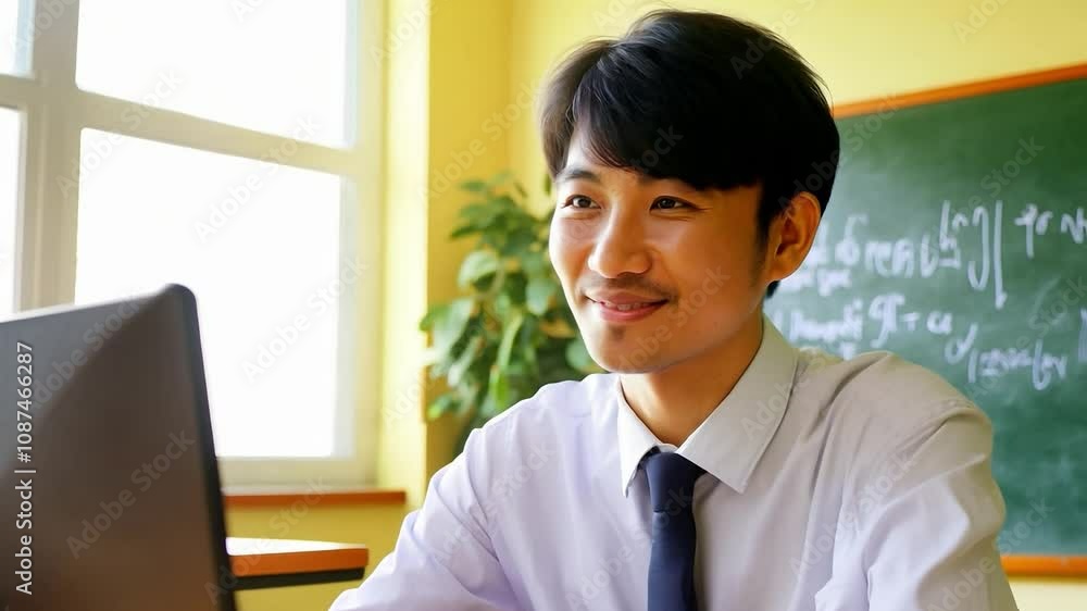 Smiling student in a classroom with a blackboard in the background. Educational setting with natural light through a window. Education and learning concept Smiling student in a classroom with a blackboard in the background. Educational setting with natural light through a window. Education and learning concept