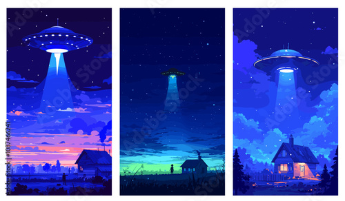 ufo night vertical background. flying saucer over rural house, light beam spacecraft alien ship invasion abduction fantasy vector illustration