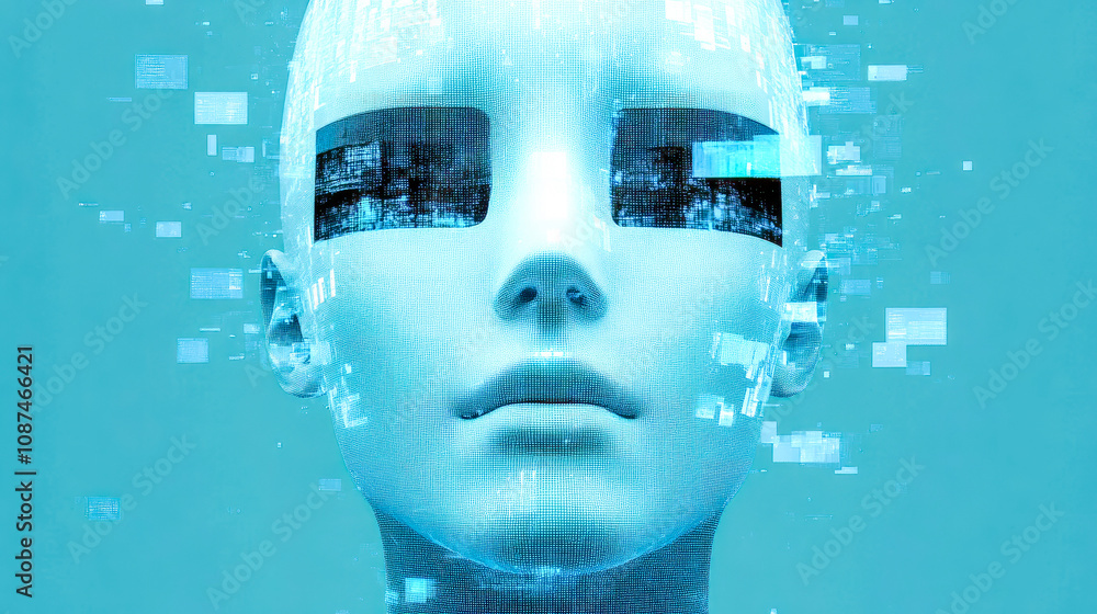 A futuristic AI face with blocky features and holographic elements, showcasing abstract digital technology and sci-fi art. A futuristic AI face with blocky features and holographic elements, showcasing abstract digital technology and sci-fi art.