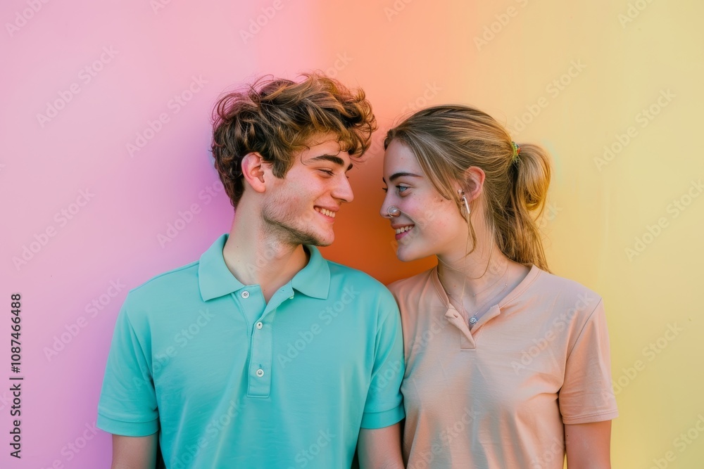 Portrait of a blissful caucasian couple in their 20s donning a classy polo shirt in front of pastel multicolor background Portrait of a blissful caucasian couple in their 20s donning a classy polo shirt in front of pastel multicolor background