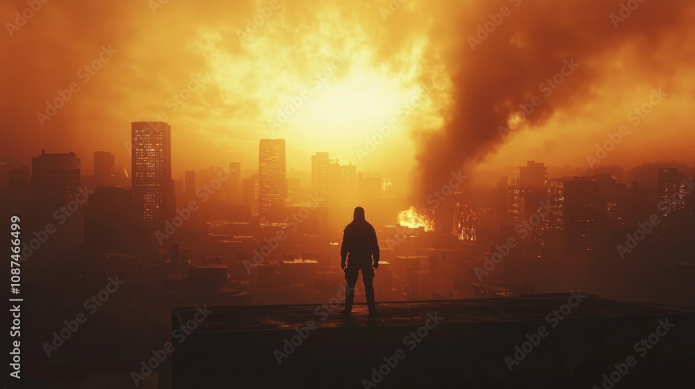 Determined Survivor Standing on Rooftop Amid Alien Destruction, Cinematic Light Determined Survivor Standing on Rooftop Amid Alien Destruction, Cinematic Light