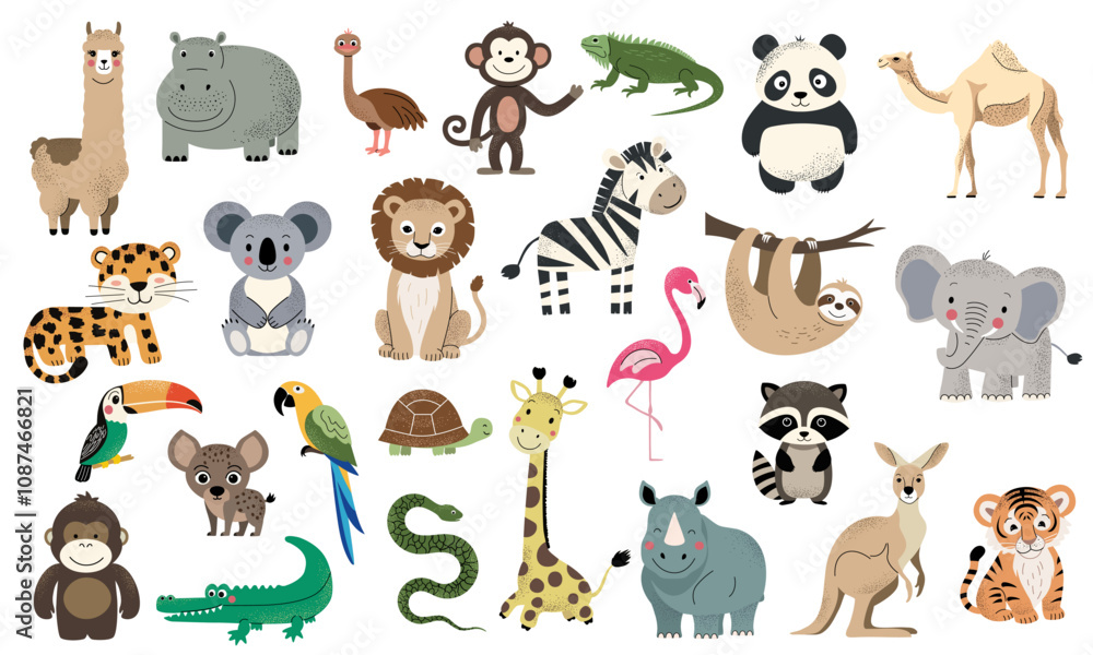 Fototapeta premium Wild jungle animals. African zebra, leopard, elephant, tiger, koala, lion. Hand drawn safari animals set.