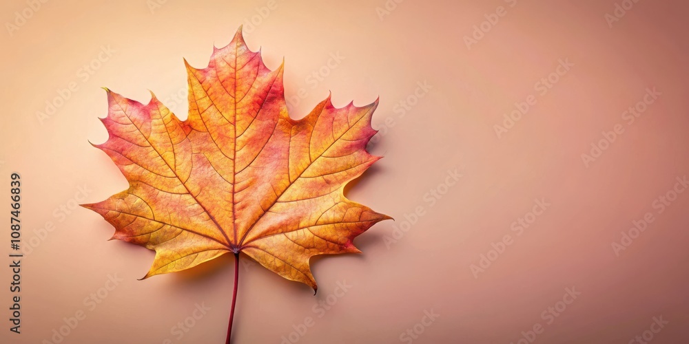 A Single, Delicate Autumn Leaf with Vibrant Hues of Red, Orange, and Yellow, Resting Against a Soft, Peach-Colored Background. A Single, Delicate Autumn Leaf with Vibrant Hues of Red, Orange, and Yellow, Resting Against a Soft, Peach-Colored Background.