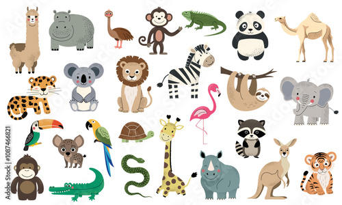 Wild jungle animals. African zebra, leopard, elephant, tiger, koala, lion. Hand drawn safari animals set.