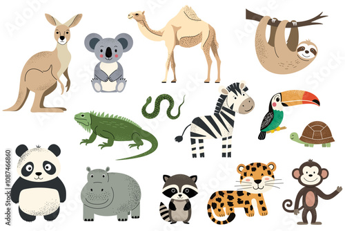 Wild animals. African zebra, leopard, koala, camel, sloth, iguana, kangaroo. Hand drawn safari animals set.