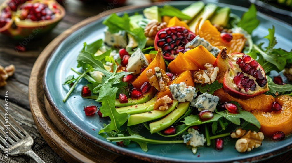Harvest Salad. Rustic Autumn Plate with Persimmon, Pomegranate, Blue Cheese and Walnut Harvest Salad. Rustic Autumn Plate with Persimmon, Pomegranate, Blue Cheese and Walnut