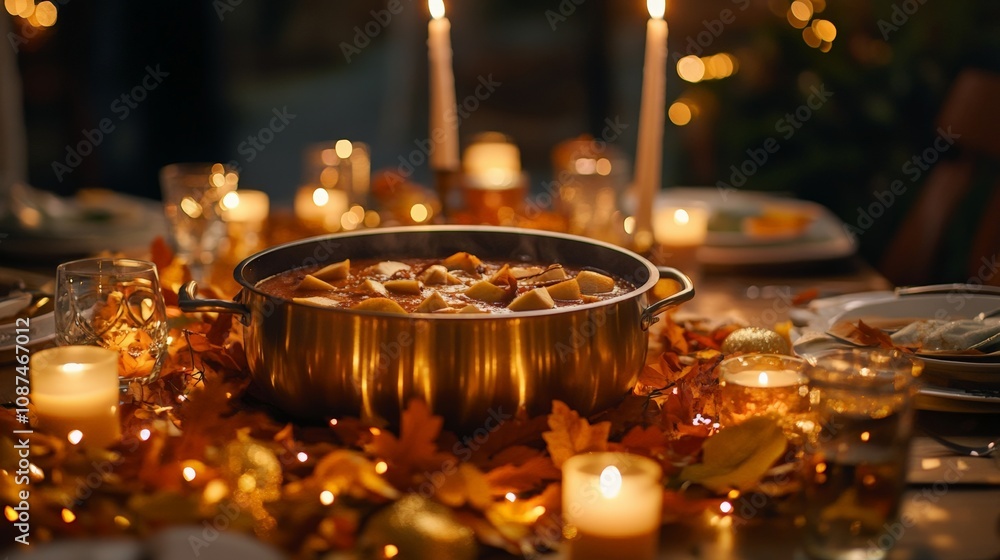 A cozy autumn dinner with candlelight and warm dishes. Beautiful golden leaves surround the food. Perfect for fall gatherings. A cozy autumn dinner with candlelight and warm dishes. Beautiful golden leaves surround the food. Perfect for fall gatherings.