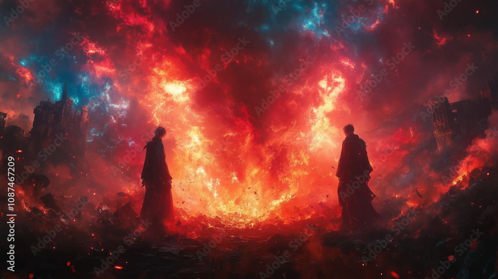 Epic anime battle scene between two powerful warriors, with a fiery background and dynamic lighting effects Epic anime battle scene between two powerful warriors, with a fiery background and dynamic lighting effects
