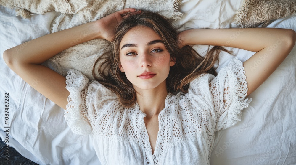 Natural Beauty: Portrait of a Young Woman in Soft Bedding Natural Beauty: Portrait of a Young Woman in Soft Bedding