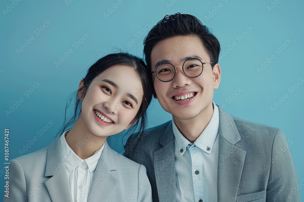 Portrait of a joyful asian couple in their 20s wearing a professional suit jacket while standing against soft blue background Portrait of a joyful asian couple in their 20s wearing a professional suit jacket while standing against soft blue background